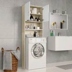 Coupon 😉 Washing Machine Cabinet White and Sonoma Oak 64x25.5x190 cm 🥰 -Appliances Sales Store Washing Machine Cabinet White and Sonoma Oak 64x25 5x190 cm 427996 2