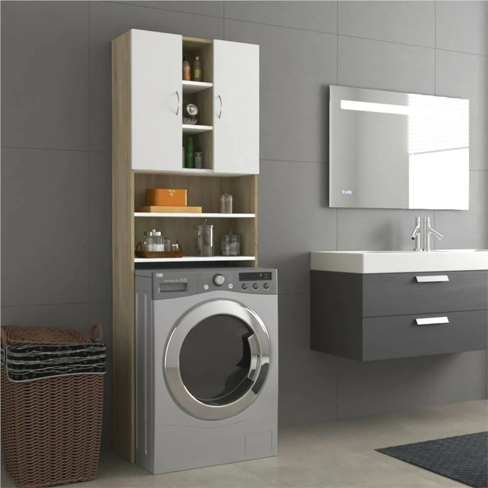Discount 🥰 Washing Machine Cabinet White and Sonoma Oak 64x25.5x190 cm ✨ 3 Discount 🥰 Washing Machine Cabinet White and Sonoma Oak 64x25.5x190 cm ✨