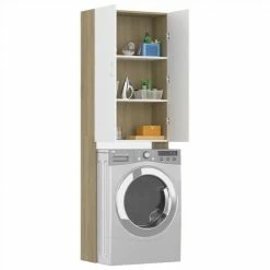Promo 😍 Washing Machine Cabinet White and Sonoma Oak 64x25.5x190 cm 👏 -Appliances Sales Store Washing Machine Cabinet White and Sonoma Oak 64x25 5x190 cm 485335 2